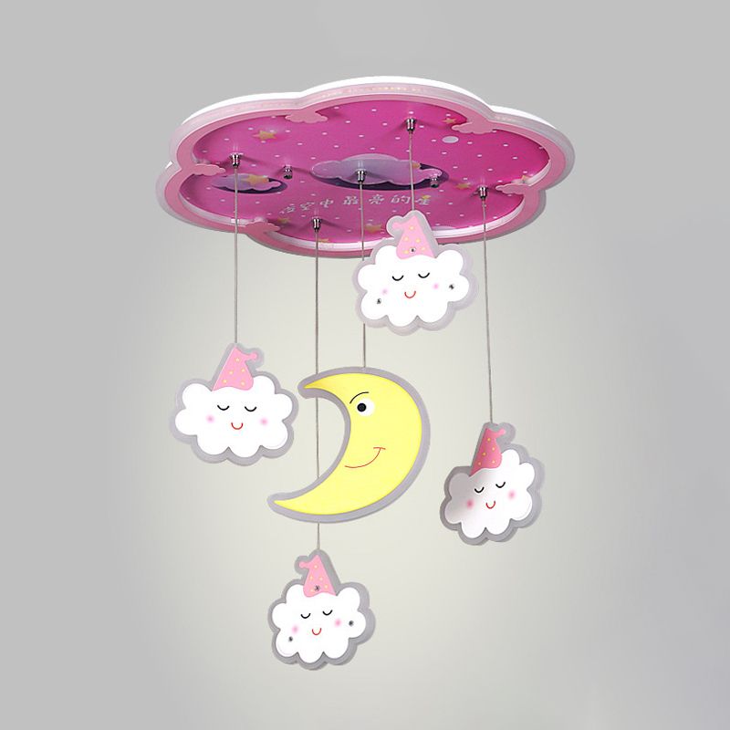 Pink Flower Flushmount Lighting Cartoon Acrylic LED Flush Mount Ceiling Fixture with Sleeping Cloud and Moon Drape