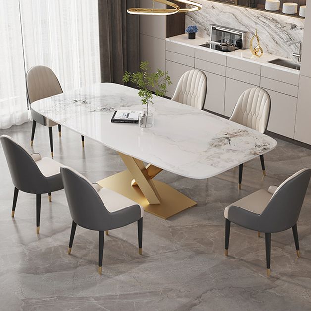 Modern White Rectangular Stone Dining Table with Metal Pedestal Base