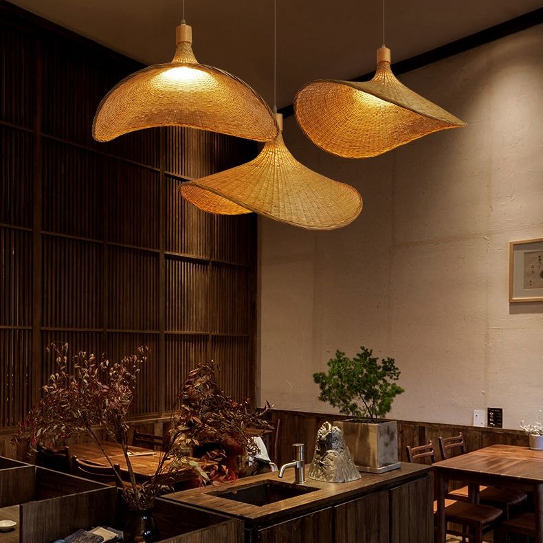 Modern Straw Hat Hanging Light Fixtures Rattan 1 Light Pendant Light