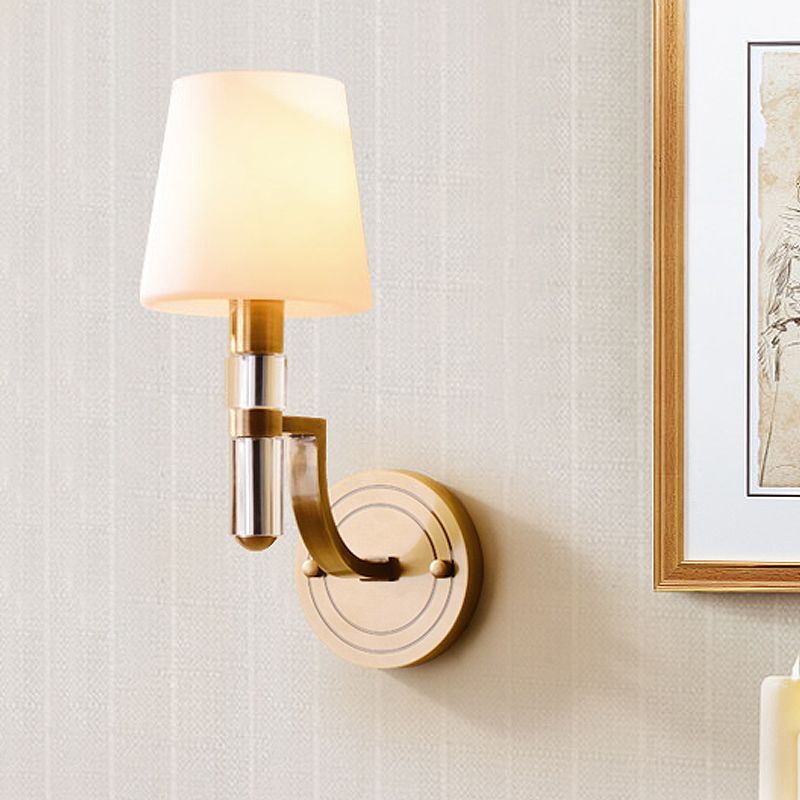 1/2-Light Tapered Wall Lamp Sconce Colonial Gold Frosted Glass Wall Mounted Light with Crystal Accent