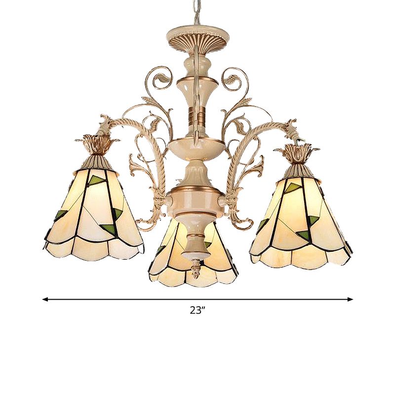 3/5 Lights Chandelier Lighting Fixture Baroque Stained Glass Drop Lamp in White and Gold