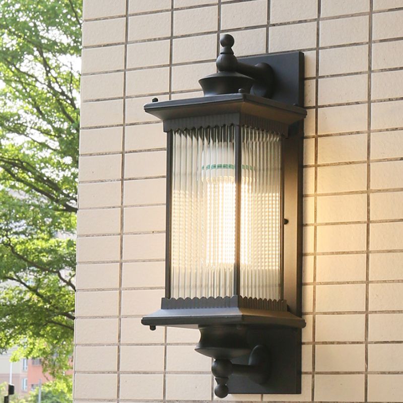 Single-Bulb Wall Mount Light Retro Rectangular Ribbed Glass Wall Lighting for Outdoor