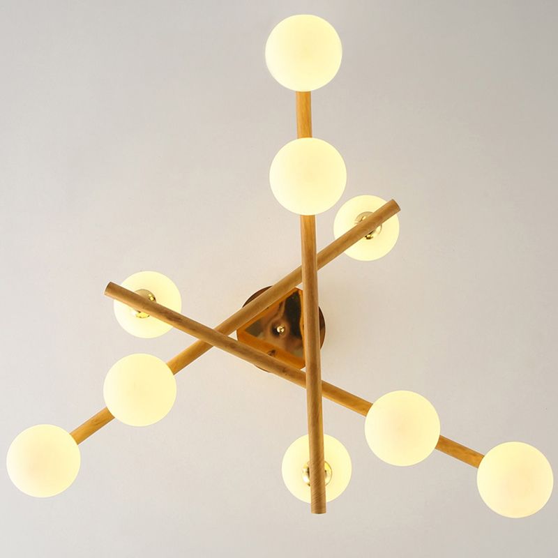 White Glass Bubble Chandelier Modern Gold and Wood Grain Hanging Light for Living Room