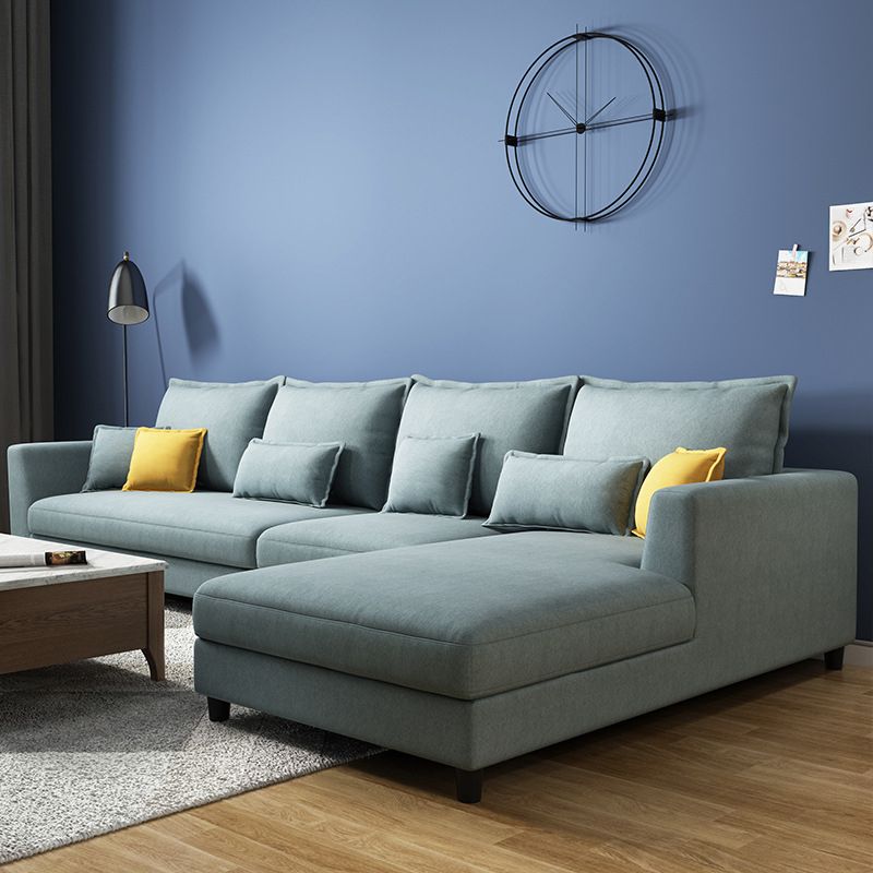 Blue Fabric Sectional with Pillows Modern Style L-shape Sectional
