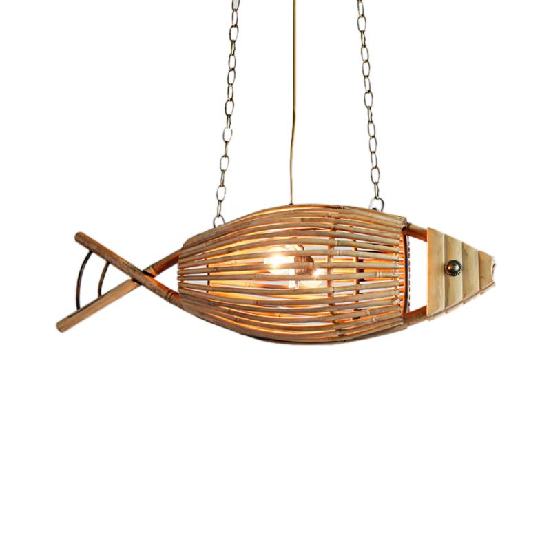 Coastal Style Fish Shaped Chandelier Light Fixture Bamboo 1 Light Bedroom Suspension Lamp in Beige