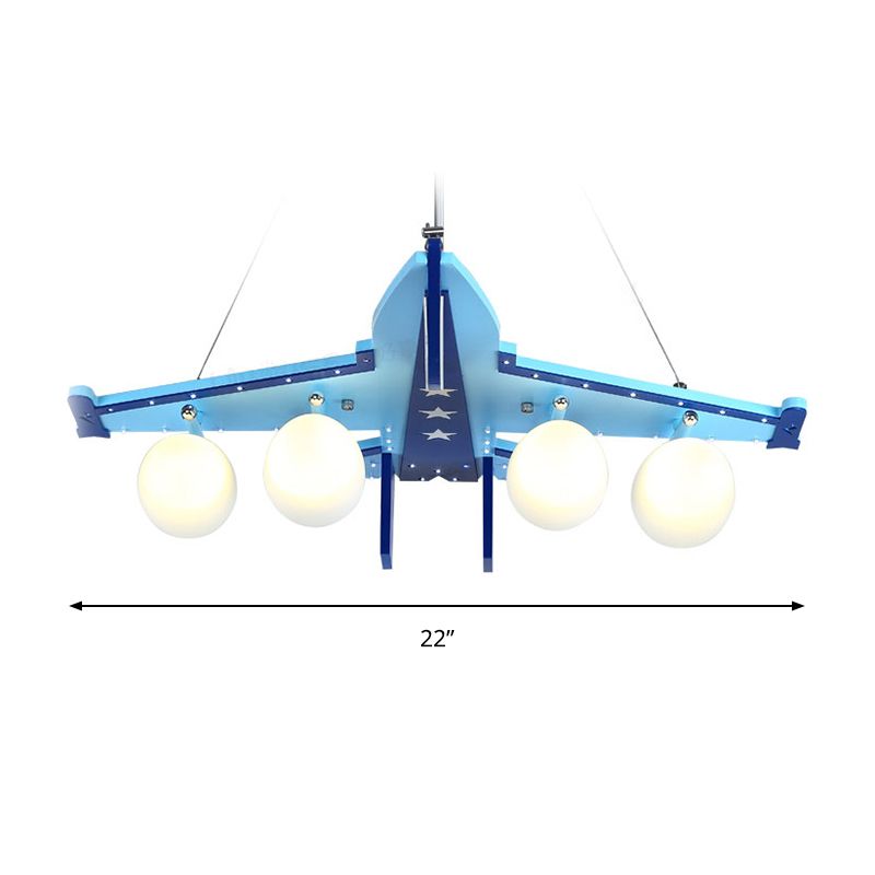 Kindergarten Combat Aircraft Chandelier Wood 4 Lights Contemporary Sky Blue Ceiling Lamp