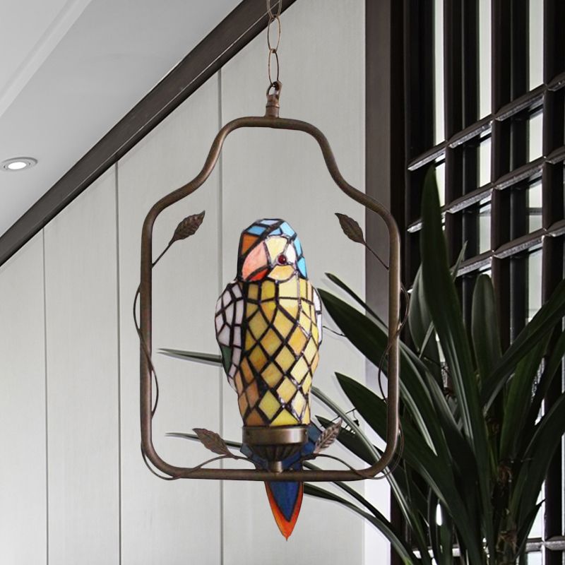 Yellow 1 Head Sconce Light Tiffany Style Hand Cut Glass Parrot Shaped Wall Lighting Ideas with Perch Swing