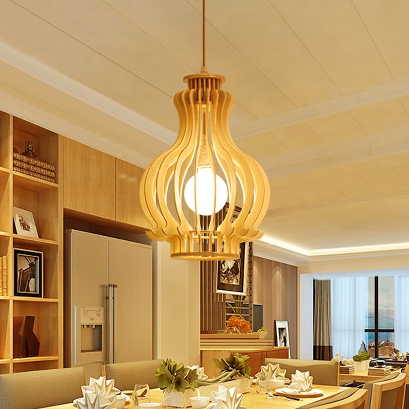 Beige Gourd Cage Hanging Lamp Asian Single Basswood Ceiling Pendant over Dining Table