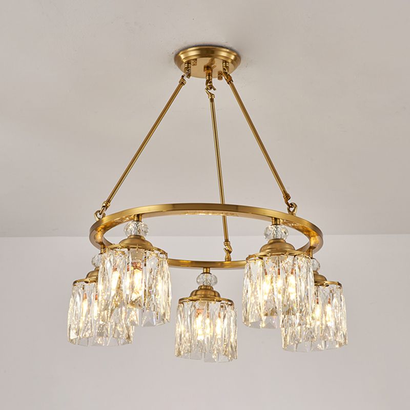 Postmodern Circle Hanging Chandelier 5 Bulbs Cut Crystal Cylinder Ceiling Pendant Light in Gold