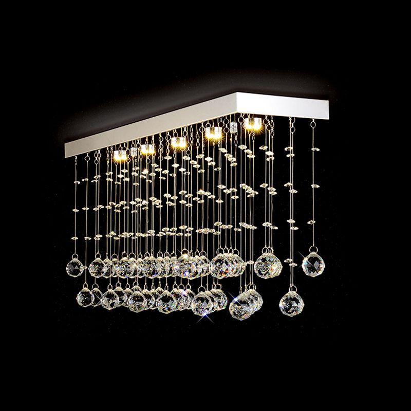Rectangular Flush Mount Light Modern Faceted Crystal Ball 4 Lights Silver Ceiling Light for Dining Room, 23.5"/31.5"/39" Wide