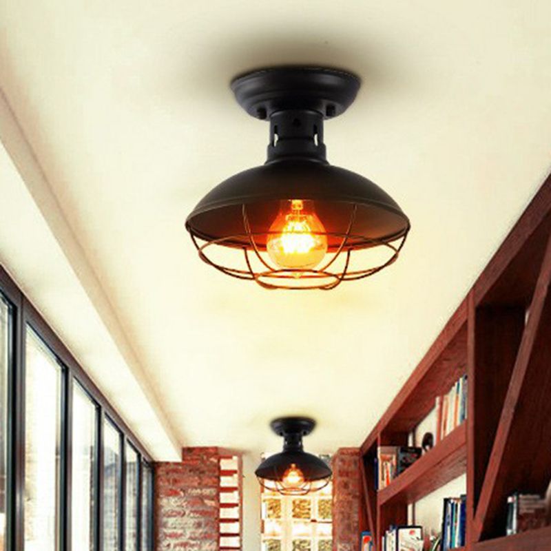 Metal Bowl Shaped Ceiling Lamp Farmhouse 1 Head Corridor Semi Flush Mount Light with Cage in Black