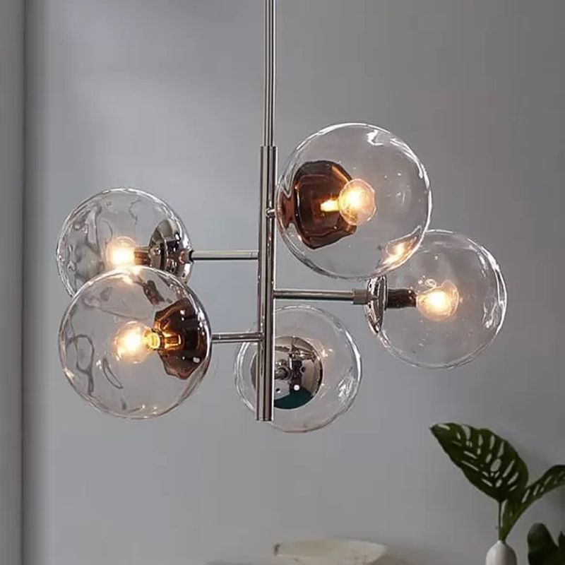 Chrome Sphere Chandelier Contemporary Style 5 Lights Clear Glass Pendant Light Fixture