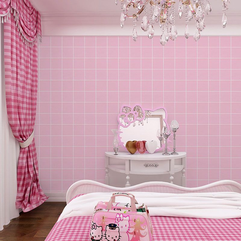 Water-Resistant Chequer Wall Decor Plaster Modern Wallpaper Roll for Girl's Bedroom, Peel and Stick