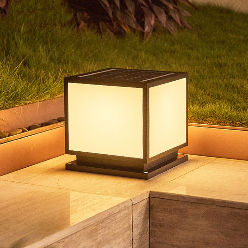 Metal Square Shape Pillar Lamp Modern Style 1 Light Solar Outdoor Light in Black