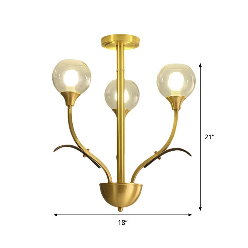 Ball Clear Glass Flushmount Lighting Vintage 3/6 Heads Sitting Room Semi Flush Chandelier in Brass