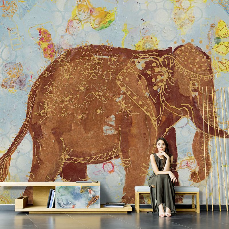 Non-Woven Material Large Mural Brown Cartoon Elephant Wall Art, Made to Measure