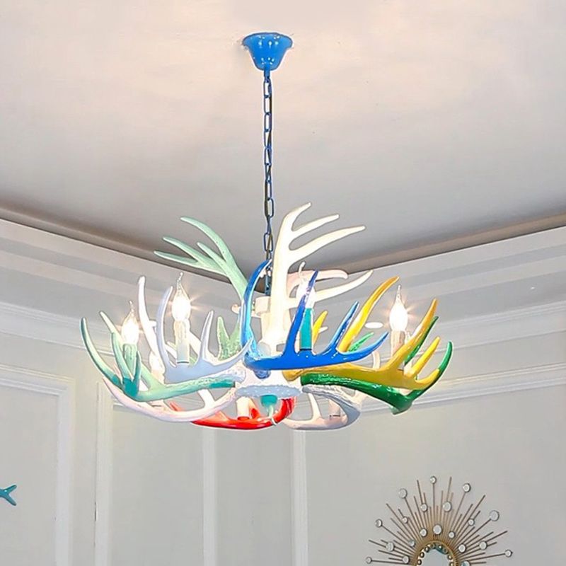 Modern Candle Hanging Lamp 8 Bulbs Metal Chandelier Light Fixture with Decorative Antler in Blue