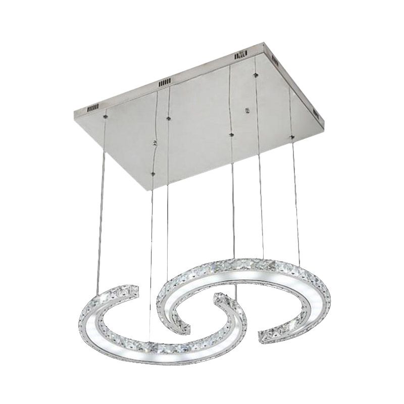 Double C-Shape Suspension Pendant Minimalist K9 Crystal Chrome LED Hanging Chandelier in Warm/White/3 Color Light