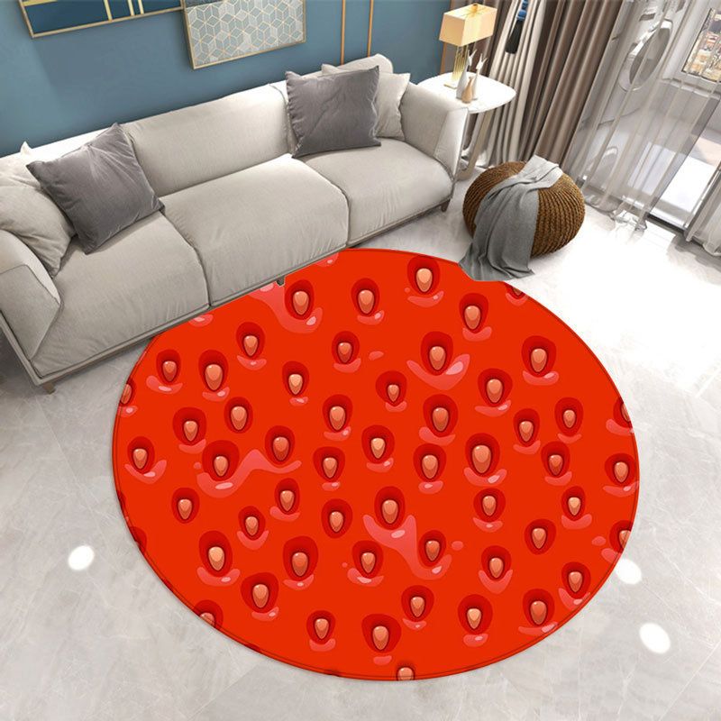 Round Strawberry Print Carpet Polyester Natural Rug Stain Resistant Area Carpet for Home Decoration