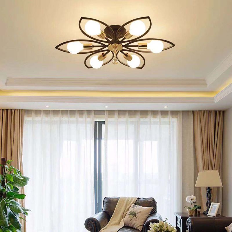 Floriated Semi Flush Mount in Industrial Retro Style Bare Bulb Metal Ceiling Light in Black