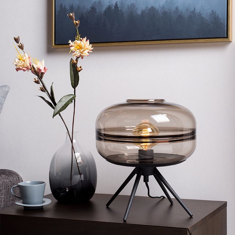 Modern Creative Drum Table Lamp Wrought Iron Indoor Table Light with Glass Shade