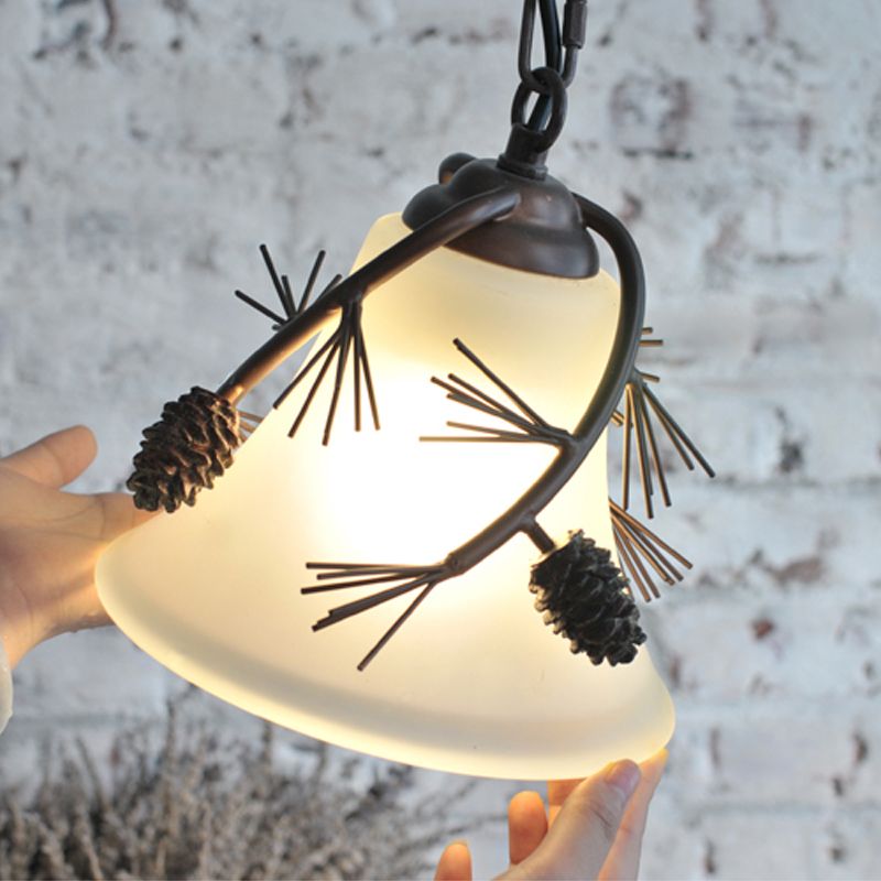 Milk Glass Bell Pendant Light Rustic 1 Light Hanging Light in Bronze with Pine Decoration