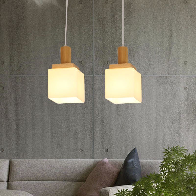Wood Cube Multiple Hanging Light Modern 2/3 Heads Opal Glass Pendant Lamp Fixture with Linear Canopy