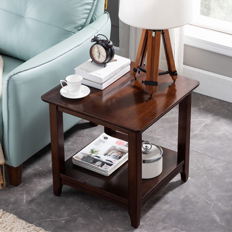 Country Double Tier Wood End Table 4 Legs Sofa Side Table with Shelf