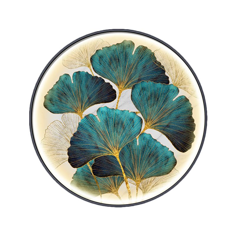 Circular Ginkgo Leave Wall Lighting Asia Style Metal LED Tearoom Wall Mural Sconce in Green/Yellow-Green