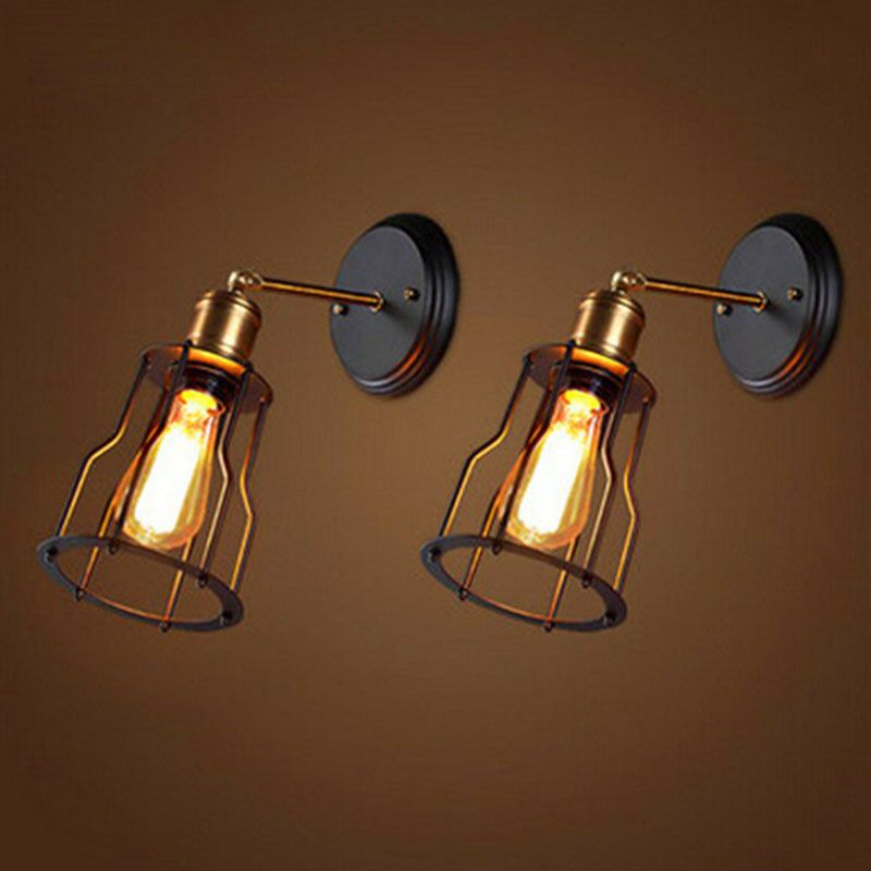 Cage Shade Iron Mur Mount Light Style antique Éclairage mural de couloir 1-Light en noir