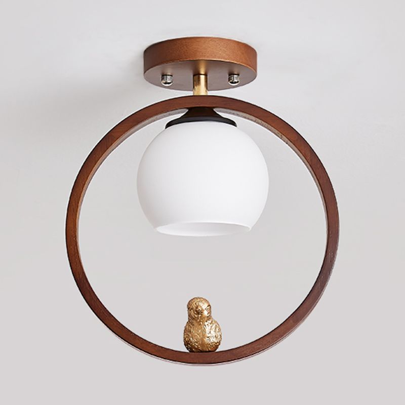 Round Shape Ceiling Lamp Modern Wood 1 Light Flush Mount with Glass Lampshade for Aisle
