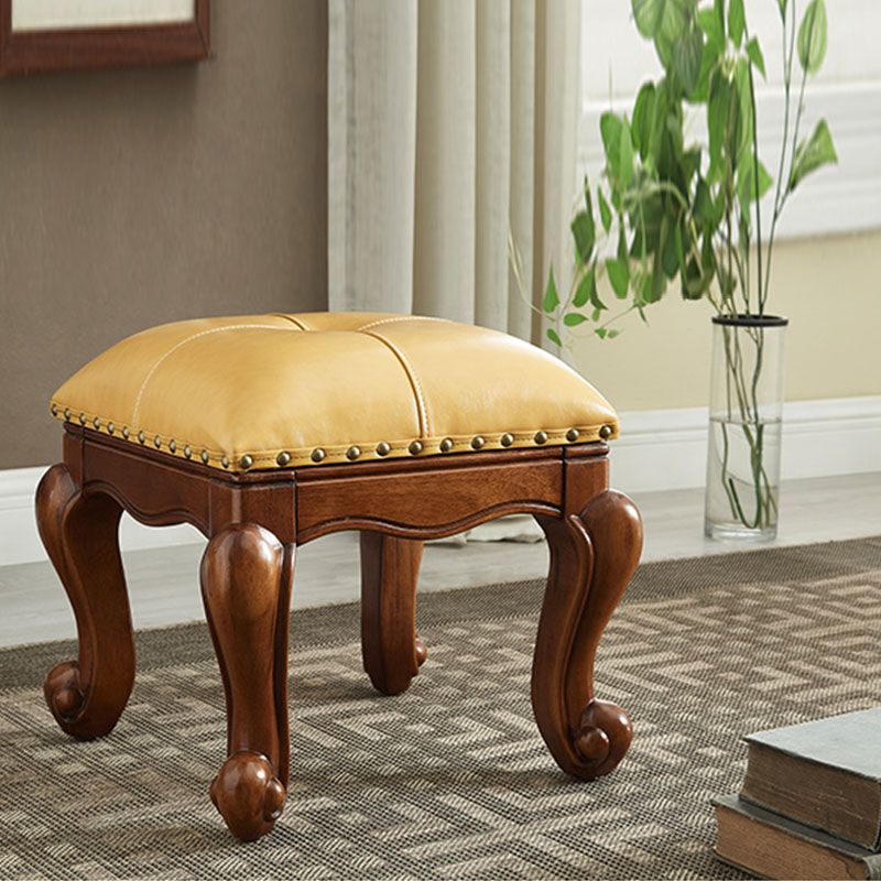 Mid-Century Modern Pouf Ottoman Genuine Leather Tufted Nailhead Trim Rectangle Ottoman