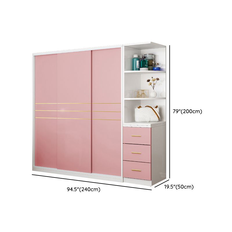 Pink Hanging Clothes Rack Wooden Wardrobe Armoire with Lower Storage Drawers