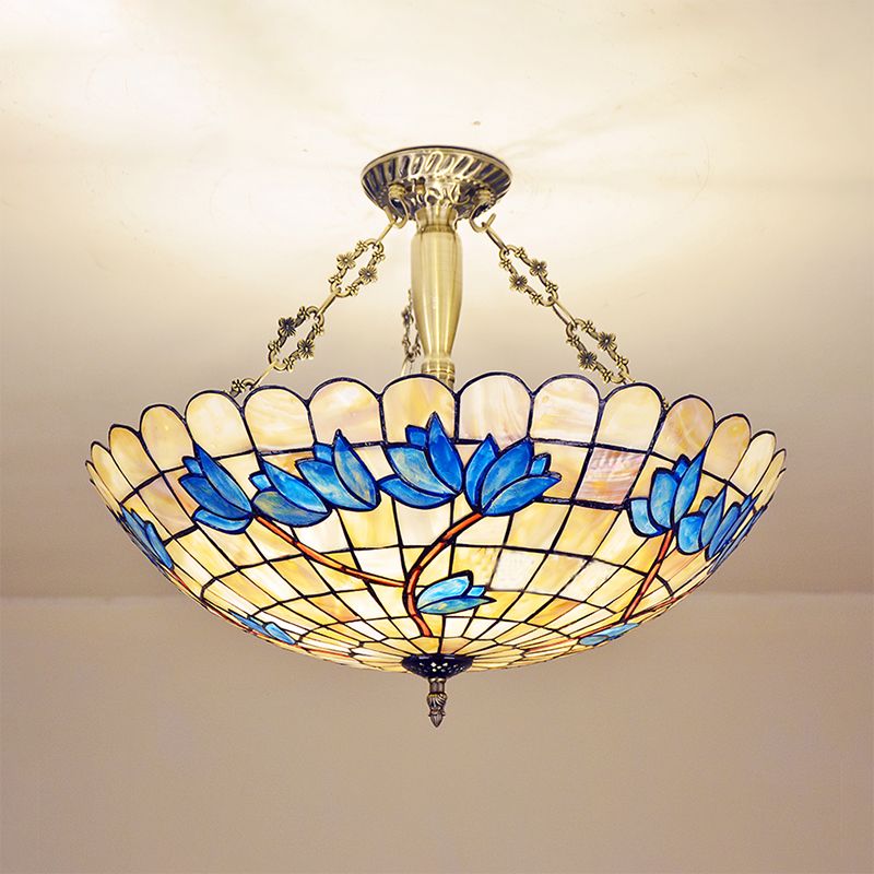 Retro Style Bowl Ceiling Light Fixture Stained Glass 4 Lights Semi Flush Light with Tulip Pattern for Dining Room