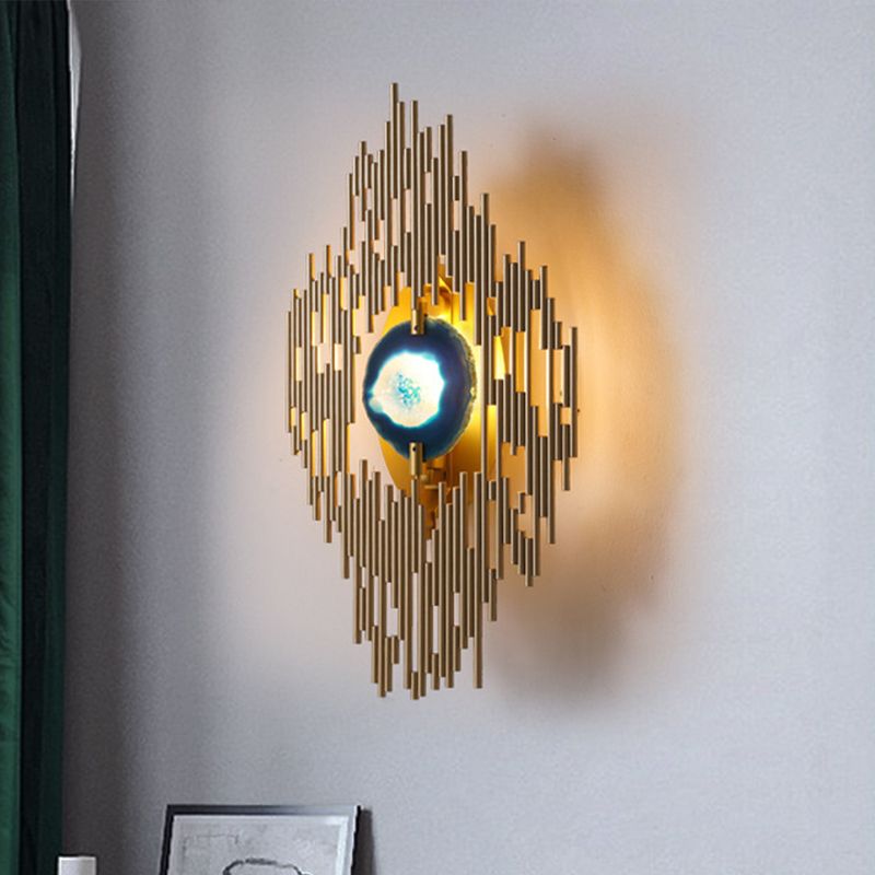 Contemporary Arc Rhombus Sconce Metallic 1 Light Living Room Wall Lighting in Gold with Agate Deco