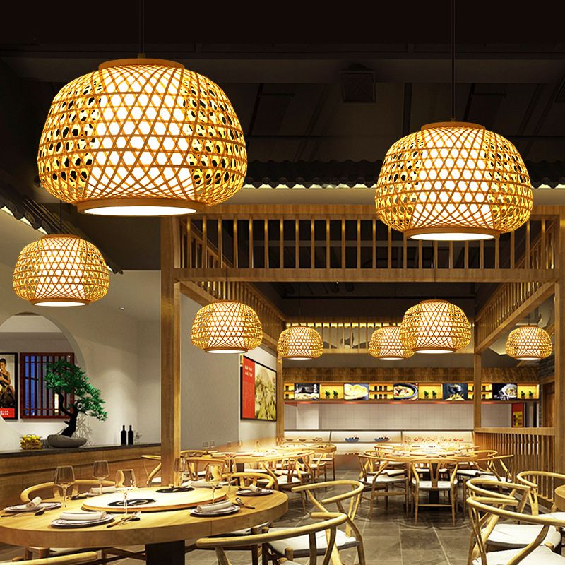 Brauner Drum Anhänger Licht im asiatischen kreativen Stil schmiedeeisere Hanglampe mit Bambuswebschatten