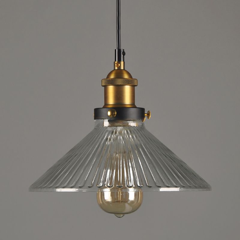 Conical Cafe Pendant Light Industrial Clear Glass 1-Bulb Brass Hanging Ceiling Light