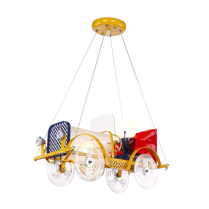Metal Car Shaped Pendant Light with Driver Cartoon Chandelier in Yellow for Baby Room