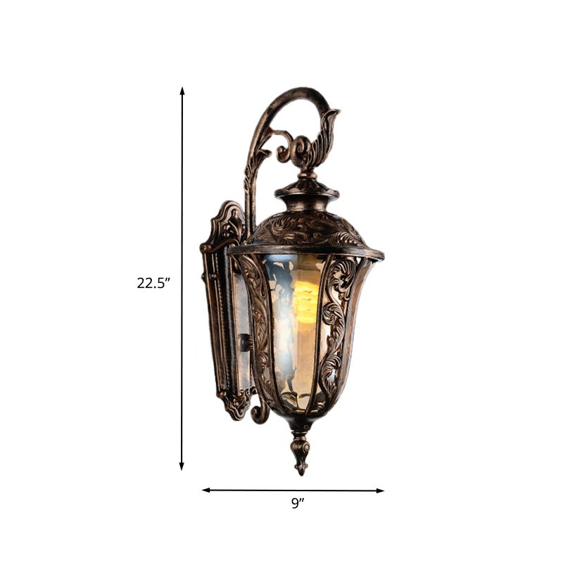 Sconce da parete a braccio curvo in metallo 1 lampada da parete all'aperto leggera in bronzo con tonalità di vetro ambra