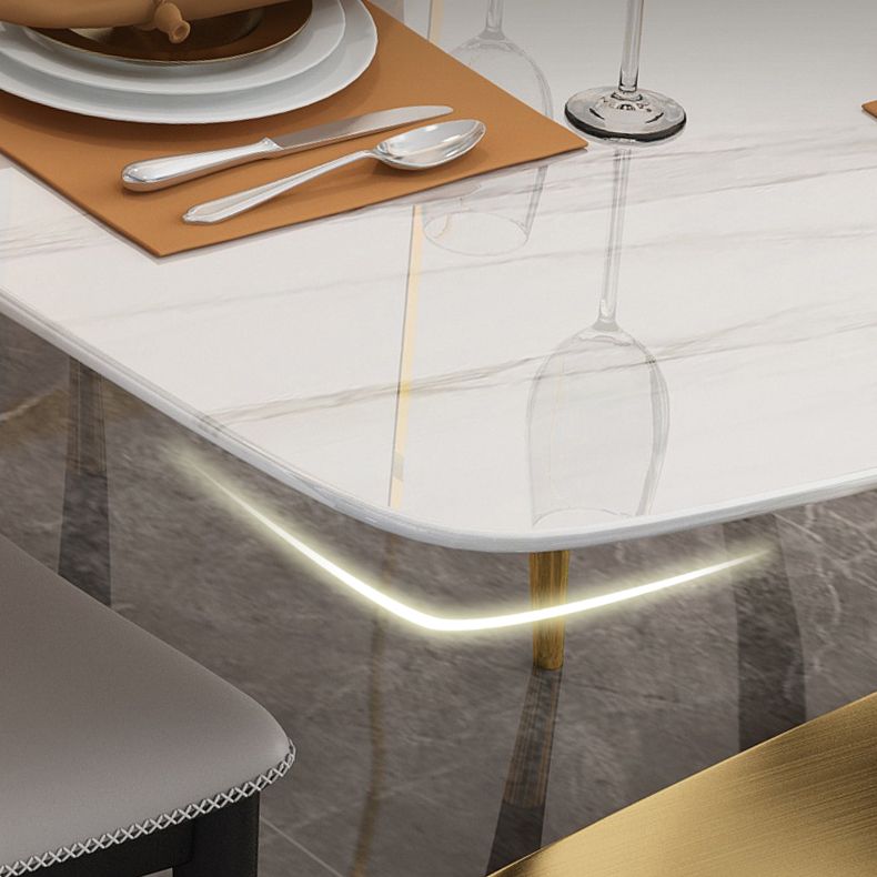 Minimalist Style Sintered Stone Dining Room Set with White Table and Gold Trestle Base for Home Use