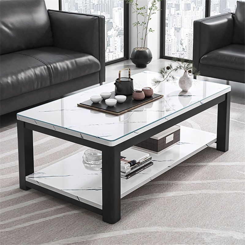 Glam Frame Coffee Table Slate Cocktail Table with Storage Shelf for Living Room