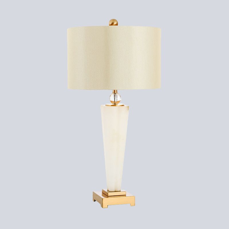 Fabric Cylinder Task Lamp Modern 1 Bulb White Desk Light with Square Gold Metal Pedestal