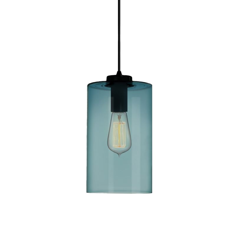 Contemporary 1 Light Pendant Lamp with Blue Glass Shade Black Global/Dome/Barrel Shape Ceiling Pendant Light