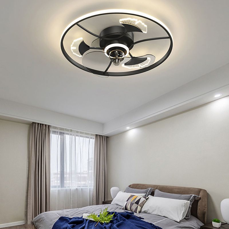 Nordic Style LED Fan Light Fixture Round Bedroom Semi Flush Mount Ceiling Lamp