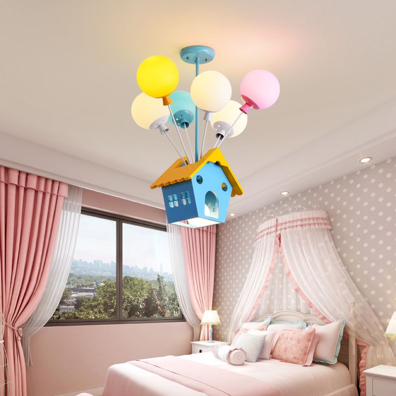 Blue Balloon House Hanging Lamp Cartoon 6 Bulbs Wooden Chandelier with Multi-Colored Glass Shade