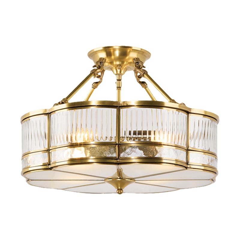 Fleur de verre givré semi-flush monte Light Colonial 3 lumières Corridor plafonnier Aménagement avec cadre métallique en laiton
