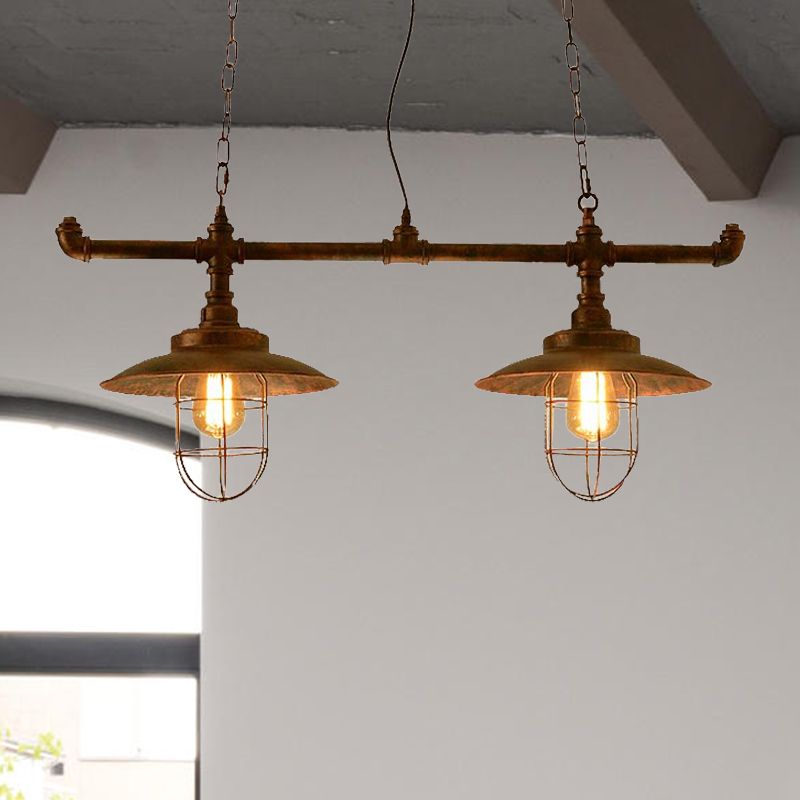 2 luces Guardia de alambre Luz colgante con almacén de diseño de tuberías Iluminación de isla de hierro de cobre desgastada