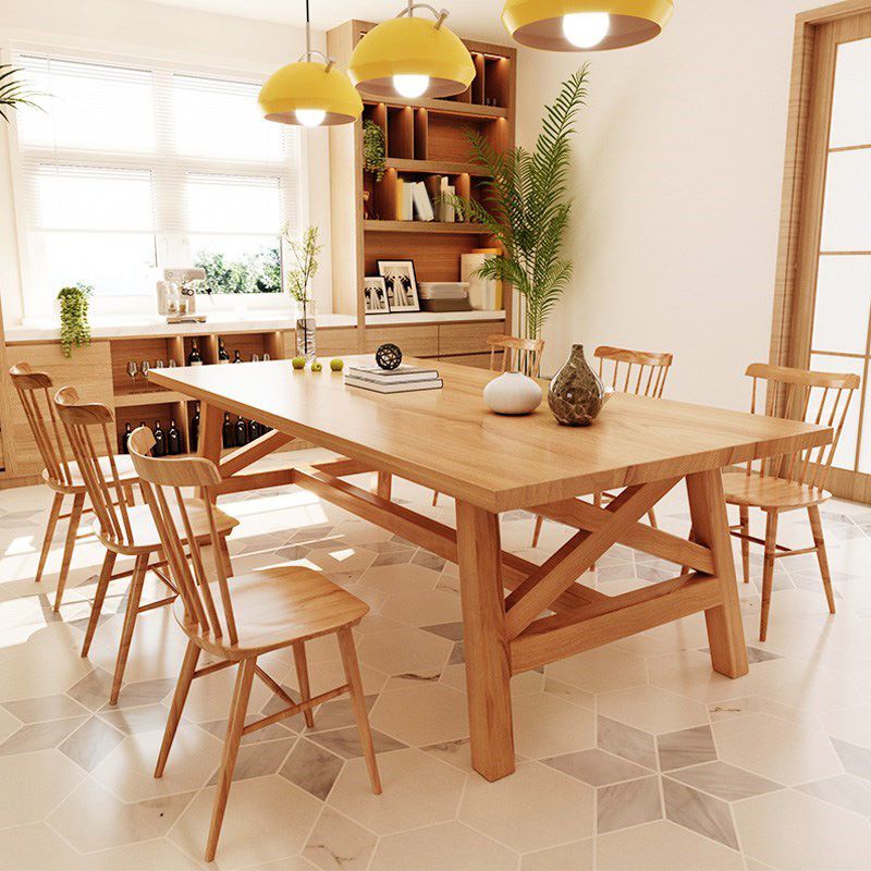 Natural Finish Table with Wooden Base Modern Solid Wood Top Dining Table
