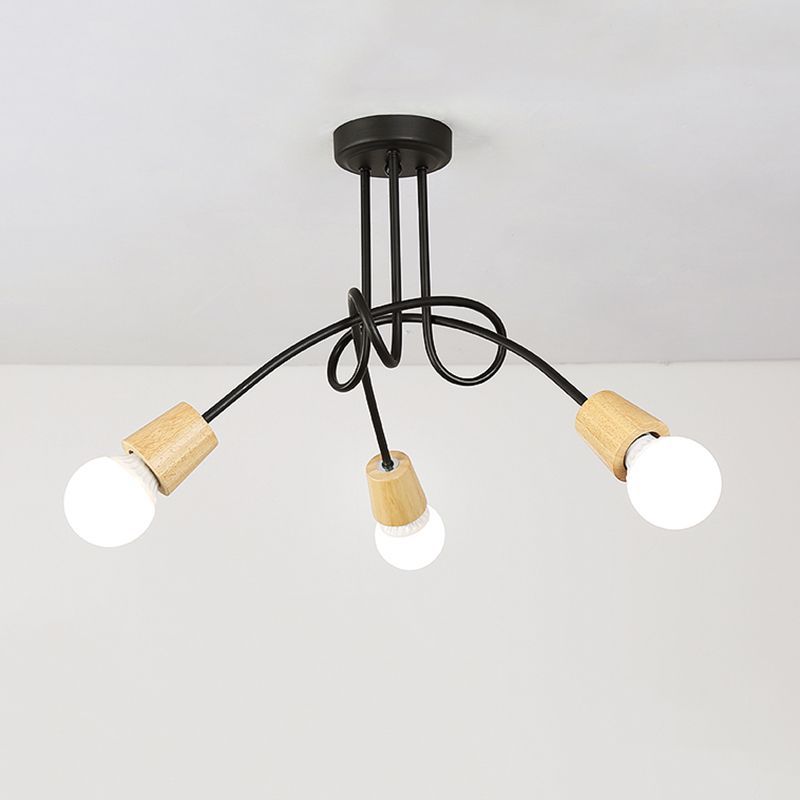 Metal Open Bulb Ceiling Light Fixture with Twisted Arm Loft Style 3/5 Lights Kitchen Semi Flush Pendentif Light in Wood