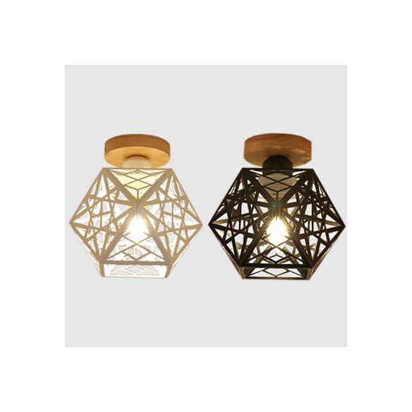 1 Bulb Metallic Semi Flush Mount Light Loft Style Black/White Pentagon Cage Living Room Ceiling Mounted Fixture